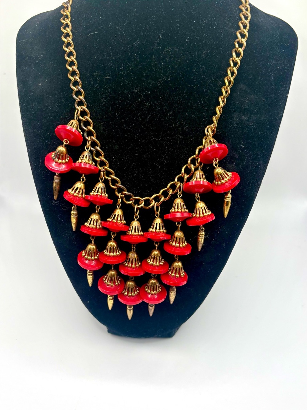 Vintage 1930s Art Deco Red Fringe Bib Necklace Egyptian Revival Statement